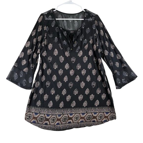 Lucky Brand 3/4 Bell Sleeve Tunic Top Women's 2X Plus Peasant Boho Damask Linen - Picture 1 of 11